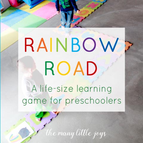 Rainbow Road: A life-size learning game for preschoolers...this game is a fun, rainbow-themed giant board game to help preschoolers play, move, and practice alphabet skills. So much fun!